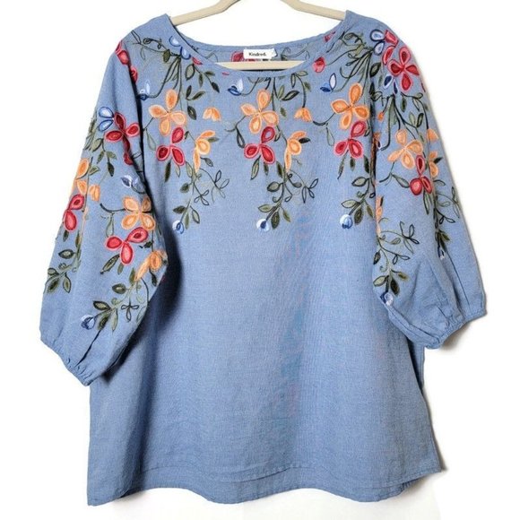 Anthropologie Tops - Anthropologie Kindred Blue Chambray Denim Floral Embroidered Blouse Top 2X